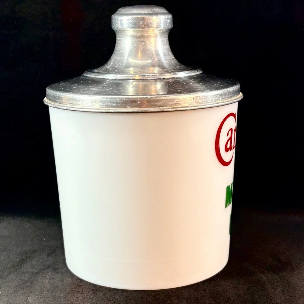 Vintage Carnation Malted Milk Glass Canister with Aluminum Lid White Retro Decor